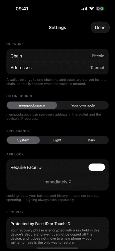 BitHedge settings screen showing the chain source option for connecting your own Bitcoin node, address type selection, and app lock