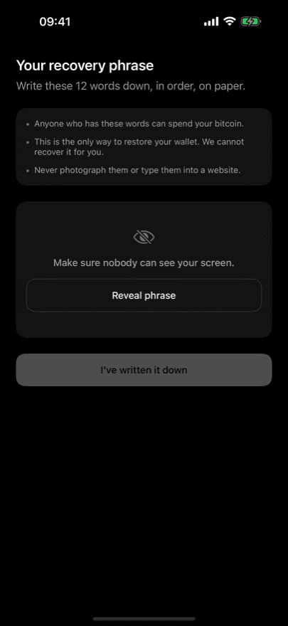 BitHedge recovery phrase backup screen showing a 12-word BIP39 seed phrase with a warning that it is shown only once
