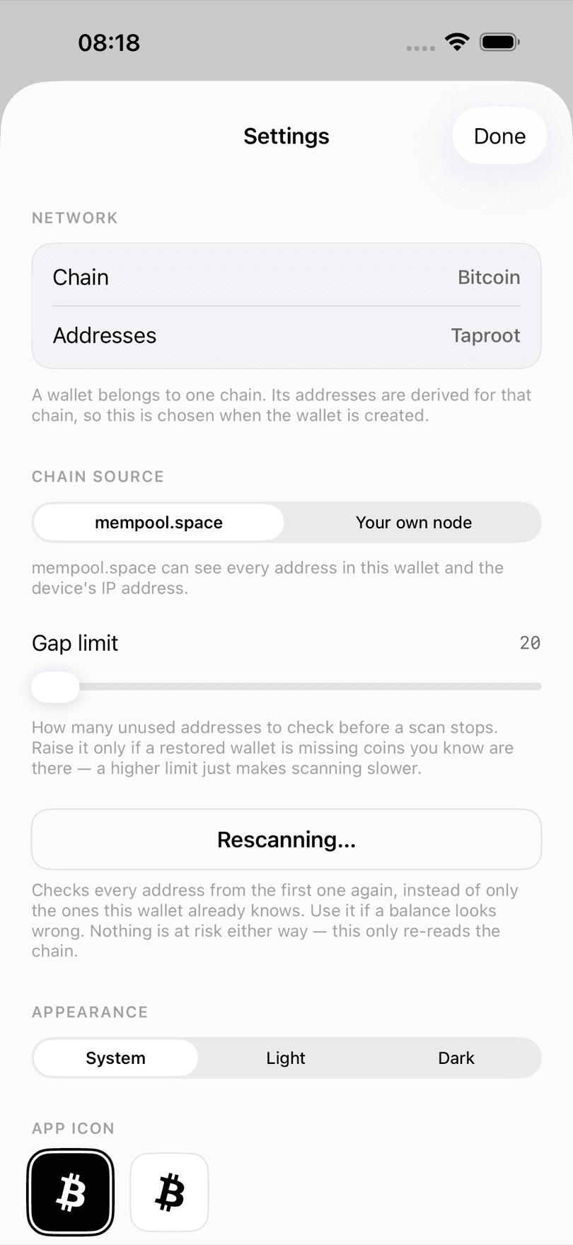 ₿21 Wallet settings screen on iPhone showing the chain source choice between mempool.space and your own Bitcoin node, Taproot addresses, gap limit, and appearance options