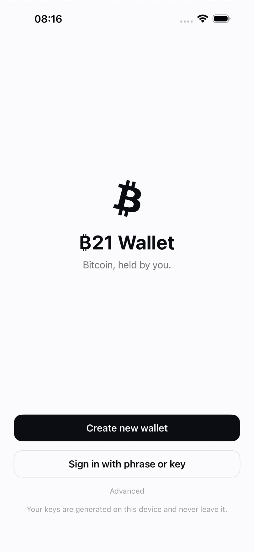 ₿21 Wallet welcome screen on iPhone offering to create a new Bitcoin wallet or sign in with an existing recovery phrase or private key